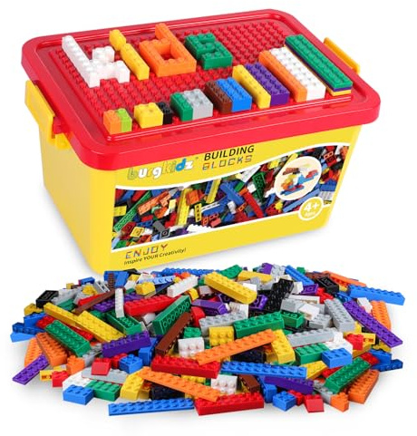 Burgkidz Lot de 520 Blocs de Construction - 500 Blocs de Base en 10 Couleurs - avec Roues, Fenêtres et Portes - Bloc de Matériaux en Vrac avec Boîte de Rangement Réutilisable