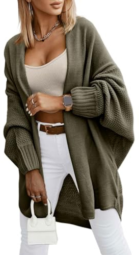 Saodimallsu Cardigan à Manches Longues pour Femme - Cardigan Ouvert sur Le Devant - Léger - Long Manteau en Tricot décontracté et élégant - Couleur Unie, Vert armée., M