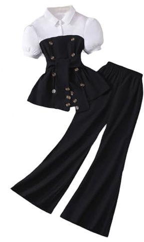 Vuncio Ensemble Ete Enfant Fille Pantalon Evasé Et Chemise Manche Courte Costume Fille Chic Et élégant Mignon Confortable a la Mode Casual Loisirs Vacances 2-12 Ans (8-9 ans, Noir)