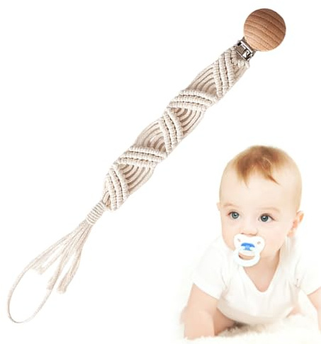 Clip per ciuccio, clip per ciuccio, clip in legno, corda in cotone, supporto per ciuccio in cotone flessibile, corda in cotone bohémien, clip in legno, treccia per bottiglie di latte