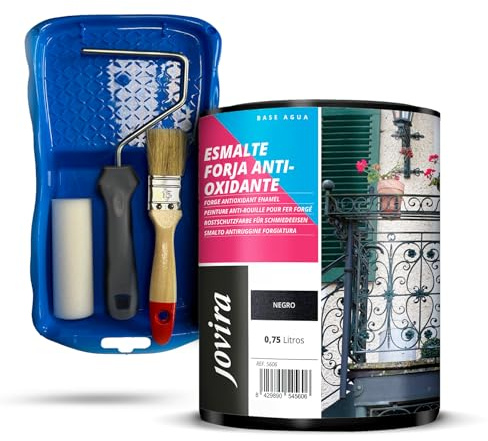 JOVIRA PINTURAS Esmalte Forja Antioxidante al Agua + Minicubeta, Rodillo Espuma, Varilla y Paletina. (750 Mililitros, Negro Forja) E-55-K