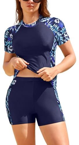 SHEKINI Womens 2 Piece Rash Guard Swimsuit UPF50+(Dark Blue Leaves,L)