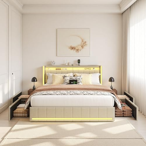 Zorvani Vadderad säng 180 x 200 med behållare, dubbelsäng med USB och lysdioder, 4 lådor, funktionell säng med sänggavel, sängstomme med ribbotten, linne
