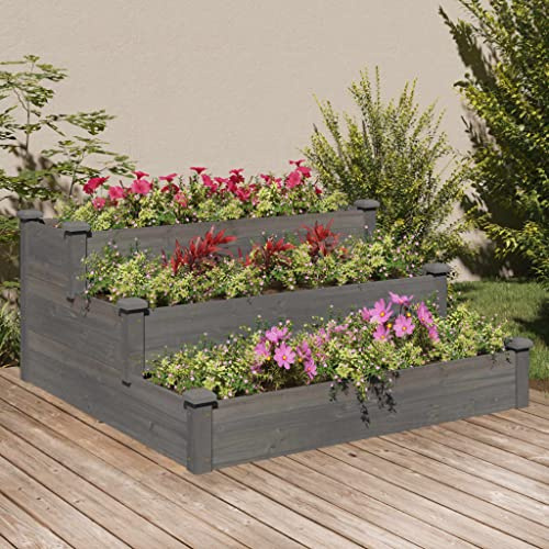 SKTQYQO Jardinière surélevée jardin gris 120 x 120 x 56 cm en bois massif avec design à échelle et fond ouvert pour plantes et légumes, parterre de fleurs d'extérieur pour culture