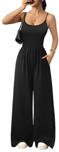 Ekouaer Jumpsuits for Women Sleeveless Spaghetti Strap Womens Jumpsuit One Piece Wide Leg Summer Romper With Pockets Beach Vacation Outfits 2026 Black M