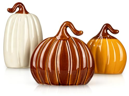 Briful Set of 3 Ceramic Artificial Pumpkin Ornaments for Autumn Decorations | 5.5 Mini Artificial Pumpkins Decorative Ceramic Pumpkin for Halloween, Thanksgiving Centerpieces, Tiered Trays & Table Decor