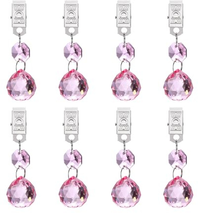 QUARKZMAN 8Pcs Pesi per Tovaglia, Pesi per Copritavolo in Cristallo con Clip in Metallo, Pendente A Forma di Sfera Trasparente 20mm per Tavolo da Giardino Picnic All'Aperto(Rosa)