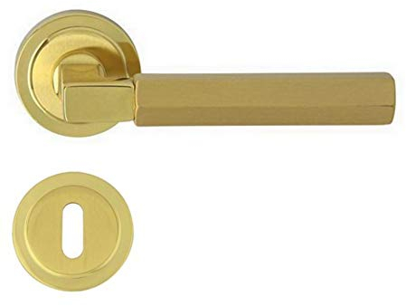 domino Türgriff Drückergarnitur BB-Buntbart Set Rund BB Rosette Türklinke für Zimmertür, Bürotür, Kellertür & Innentür Türbeschläge aus Messing Gold Türdrückergarnitur HERA-R M1/M2