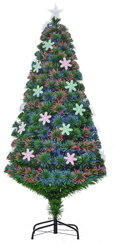 HOMCOM Árbol de Navidad Artificial Árboles de Abeto 150cm con Soporte Decoraciones Navideñas Copos de Nieve Fibra Óptica Brillante LED Multicolor Ignífugo