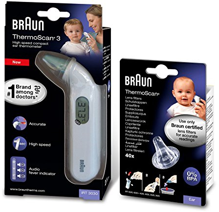 Braun Thermomètre auriculaire infrarouge ThermoScan3 IRT3030 & Embouts jetables LF40