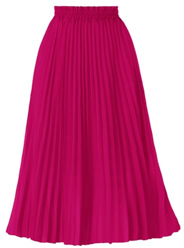 GOOBGS Women's Pleated A-Line High Waist Swing Flare Midi Skirt Fuchsia Small/Medium