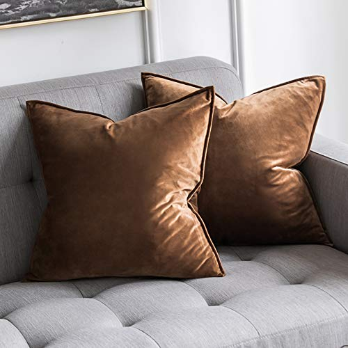 MIULEE 2er Set Samt Kissenbezug Flansch Kissenhülle Dekorative Sofakissen Dekokissen Umwickelte Kante Kissenbezüge Zierkissenbezug für Sofa Wohnzimmer Schlafzimmer 50x50 cm Schokoladenbraun