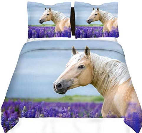 Loussiesd Boys Bedding Sets for Kids Teens Girls Youth Horse Duvet Cover Steed Lavender Print Bed Cover Wild Animal Bedspread Cover King Decorative Wildlife Purple Floral Comforter Cover