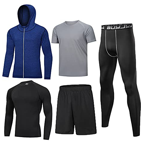 BUYJYA 5Pcs Men's Compression Pants Shirt Top Long Sleeve Jacket Athletic Sets Gym Clothing Mens Workout