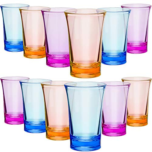 Vasos de chupito de acrílico coloridos, 12 unidades, vasos de chupito de base pesada para licores y licores, compatibles con 6 dispensadores de vasos de chupito y soporte (azul, morado, amarillo)