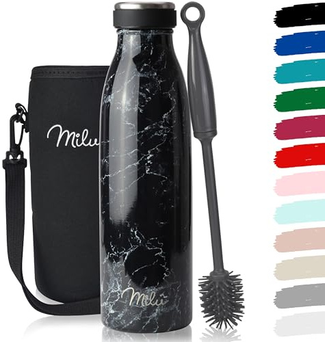 Milu Botella de acero inoxidable 350, 500, 750, 1000 ml, botella de agua aislada, termo a prueba de fugas, doble pared, apta para ácido carbónico, incluye cepillo de limpieza (granito, 500 ml)