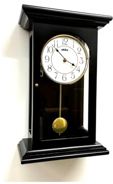 Pendelwanduhr, Holz und Glas, 38 x 29 x 16 cm, schwarz lackiert, Quarz, mit Söhnen, 3 Melodien, Ganze und Zimmer