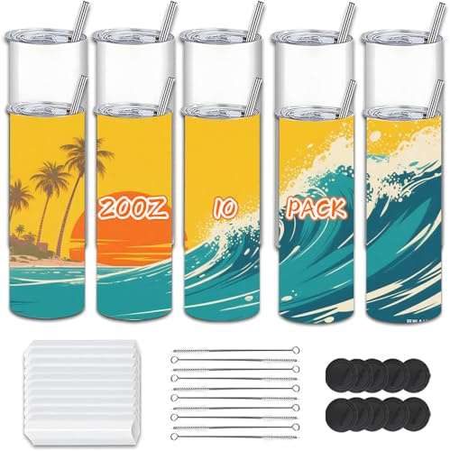 Kocdam 10 Pack 20 oz Sublimation Tumbler Blanks Skinny Straight Tumblers Bulk Stainless Steel Insulated Sublimation Tumblers 20oz with Lid and Straw, Gift Box