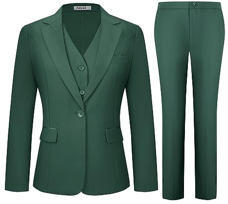 Kelyaa Conjunto de 3 Piezas para Mujer, Traje de Negocios, Casual, Oficina, un botón, Chaqueta y Chaleco, Pantalones, Verde Oscuro, S