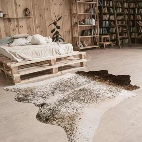 Goideal Faux Cowhide Rug, 4.6 x 5.2 Feet Animal Skin Cow Hide Carpet for Living Room, Bedroom, Dorm, Office - Vintage Western Decor, Brown White