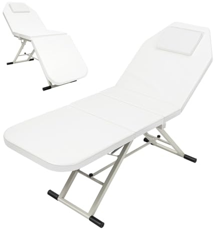 wanwanper 3-Section Foldable Beauty Bed, Portable Massage Table for Facial & Massage, Professional Spa Salon Treatment Table with Adjustable Height, Home or Commercial Use (White)