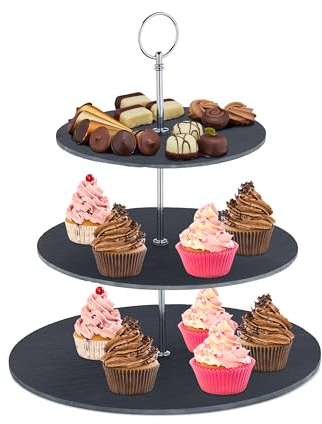 Relaxdays Serving Stand, 3 Tiers, Slate, Afternoon Tea, Cakes & Snacks, Fruit, Étagère, H x Ø 33 x 30 cm, Grey/Silver, 33 x 30 x 30 cm