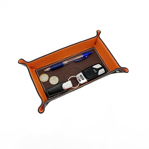 FrasiBags Taschenleerer Leder - Vide Poche - Ledertablett Organizer, Praktische rechteckig Aufbewahrungsbox für Uhren, Schlüssel, Münzen, Handys und Büroausstattung, Mittel (Braun)