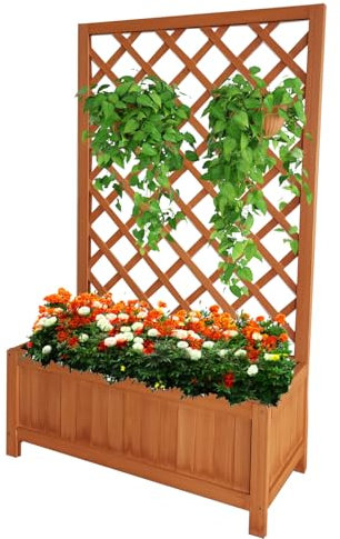 Vivo Technologies Large Rectangular Wooden Planter with Liner and Lattice Trellis Panels for Climbing Plants, 70x30x135cm Flower Plant Pot Box for Garden Patio, Natural