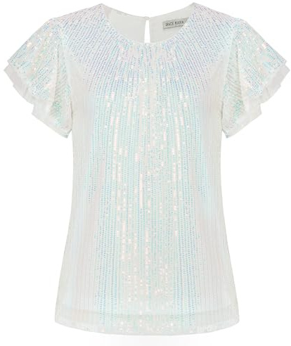 GRACE KARIN Ladies Tops Summer Short Sleeve Blouse Shirts Sequined Birthday Picnic Casual Daily Loose Fit Shirts Blouse White M