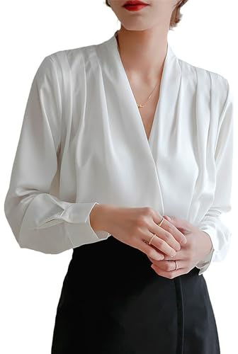 NAKEAH Camicia a Maniche Lunghe in Raso di Seta con Scollo V Francese, Camicetta Elegante da Donna per Ufficio
