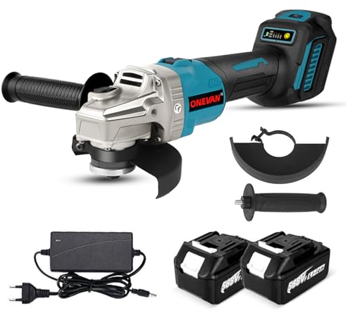 ONEVAN Akku Winkelschleifer, 125mm Bürstenloser Winkelschleifer mit 4.0Ah Akkus, 6 Gang Regelbare Drehzahl, 700W Trennschleifer Angle Grinder mit Drehzahlregelung