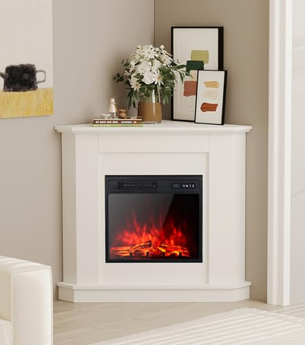 M.C.Haus Elektrokamin mit Dreieck Mantel Regal, Qualität Eckkamin, 18/45cm Kamin Eingefügt, 900/1800W Heizung, 3 Farben Realistischen Flammeneffekt, Weiß