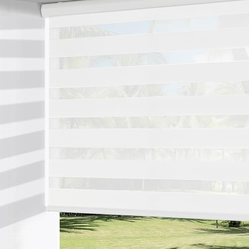 ChrisDowa Cordless Zebra Blinds for Windows, Dual Layer Free-Stop Light Filtering Window Roller Shades, Pull Down Privacy Zebra Shades for Home, Office, Bedroom, Door (23 W x 72 H, White)