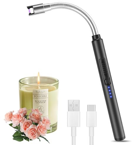 Candle Lighter, Windproof, Flameless, USB, Rechargeable, with Safety Lock, for Kitchen, Barbecue, Candles, Gas Stove, BBQ, Fireworks(Rose Gold) (Black)