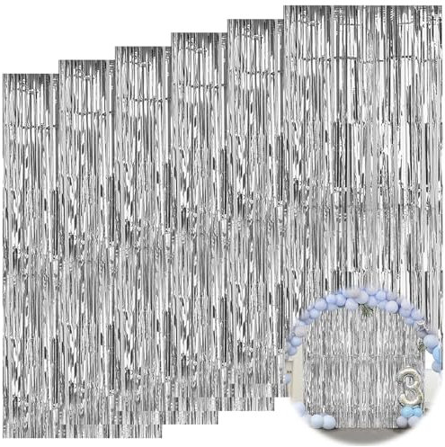 Yudobliss Lametta Vorhänge, 6 Stück Silberne Metallic Glitzer Gardine, 1 x 2meters Folie Fransen Vorhang, Glitzer Vorhang Deko, Für Hochzeiten, Weihnachten, Partys, Bühnendekorationen
