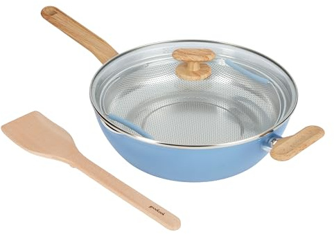GoodCook Hälsosam keramisk titan-infunderad allt-i-ett-panna med härdat glaslock, ångkorg och spatel, ljusblå – induktionskokkärl non-stick matlagningspanna, matkokare och ångkokare
