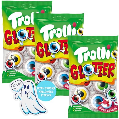 Trolli Glotzer Bonbons d'Halloween – 3 sachets de 75 g avec 4 yeux chacun (12 glaçons au total) – Sans lactose et sans gluten, avec autocollants fantômes – Parfait pour les sacs d'école, les pinatas