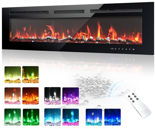 EUHOMY 50 Inch Electric Fireplace Wall Recessed and Wall Mounted with Adjustable Flame Color, Fireplace Heater with Remote Control, Linear Fireplace with Timer, Touch Screen, Log & Crystal, 750/1500W