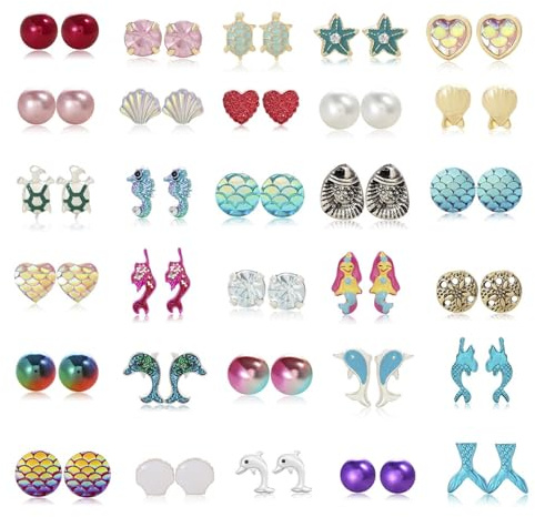 Various Ocean Marine Life Theme Pierced Stud Earrings Set of 30 Pairs-Multiple Crystal Pearls Seashell Starfish Fish Scale Scallop Fishtail Dolphin Earrings for Women Summer Beach Jewelry (A Ocean, 30)