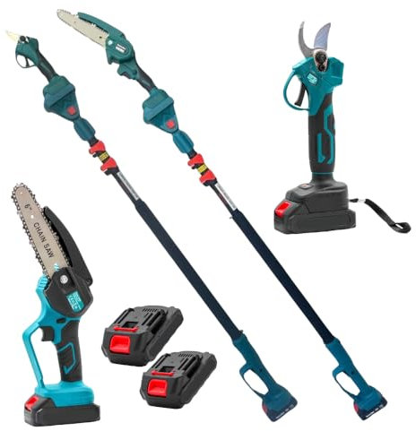 Forbice da Potatura a Batteria, Motosega a Batteria 6 Pollici incluso, + Asta Telescopica 128-248cm, Kit 3 in 1, Cesoie Elettriche per Potatura Giardino Rami Arbusti Vigneto GO LOGISTIC SRL