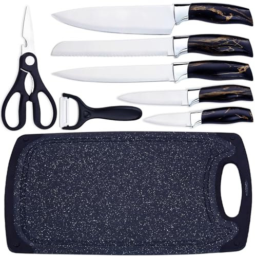 PionStar Set di coltelli da cucina in acciaio inox con tagliere – Set professionale da 8 pezzi con coltello da cuoco/coltello da pane, coltello da carne, coltello universale/coltello da frutta/forbici