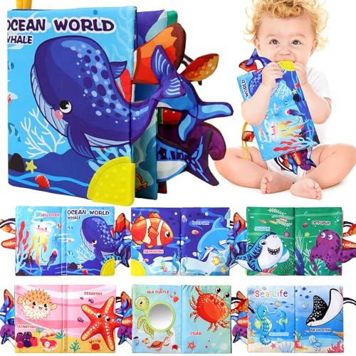 Baby Books Toys,Touch and Feel Crinkle Cloth Book for Infant Baby 0-18 Months Sensory Book for Babies,Teething Toys Tummy Time Crinkle Book for Infant Babies,Newborn Stocking Stuffers