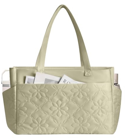 ZFZGFRCS Quilted Tote Bag for Women, Teacher Bag with Cup Holder, Large Work Tote Bag with Zipper, Shoulder Bag with 15.6 Inch Laptop Compartment for Travel, Work, School