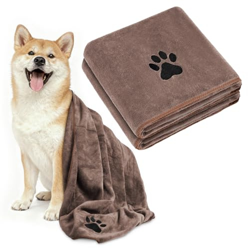 Adiwo 2 Pcs Serviette pour Chien Extra Absorbante, 100x50cm Moyen Serviette de Bain pour Chien, Serviettes pour Chiens Microfibre Serviettes Chiens Douce pour Bain, Baignade et Jours de Pluie, Camel