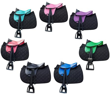 Brama West Selle de cheval en bois « My Happy Pony » | Selle pour cheval en bois Shetty Pony | Avec tapis de selle, sangle de selle, étriers et étriers (noir)
