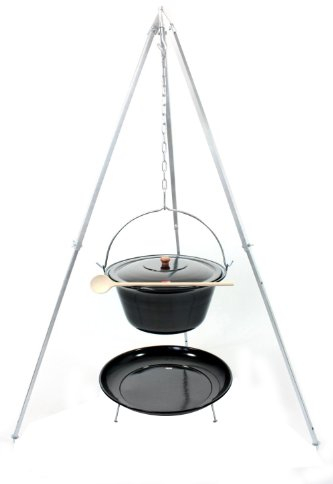 GRILLPLANET Gulaschkessel 22L, Deckel, Teleskopgestell extra stark 160 cm, Feuerstelle, Holzlöffel