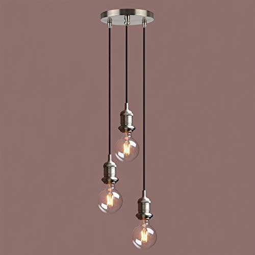 Yosoan Lighting Industrial Loft Bar Brushed Cluster 3 Way Pendant Light Fittings, Vintage Triple Hanging Pendant Ceiling Lights for Kitchen Island Living Room Dining Room (Brushed)