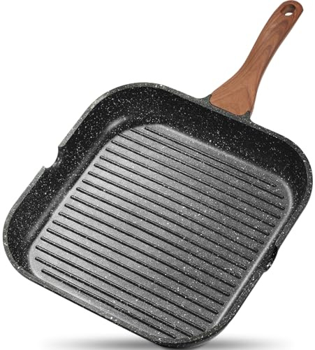 ESLITE LIFE 9.5 Inch Nonstick Grill Pan for Indoor Cooking, Versatile Induction Square Large Grilling Skillet Steak Pan for Stove Tops, PTFE & PFOA Free, Black