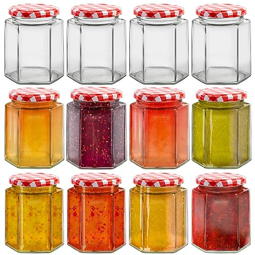 HEFTMAN Marmeladengläser 250ml - 12 Kleine Gläser mit Deckel - Luftdichte, Sechseckig Marmeladenglas mit Deckel Roten Gingham - Schraubgläser für Kerzenherstellung, Honig, Einmachgläser