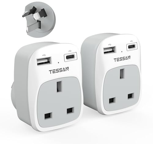 TESSAN UK to Australia Plug Adapter, Type I AU NZ Travel Adapter with USB C